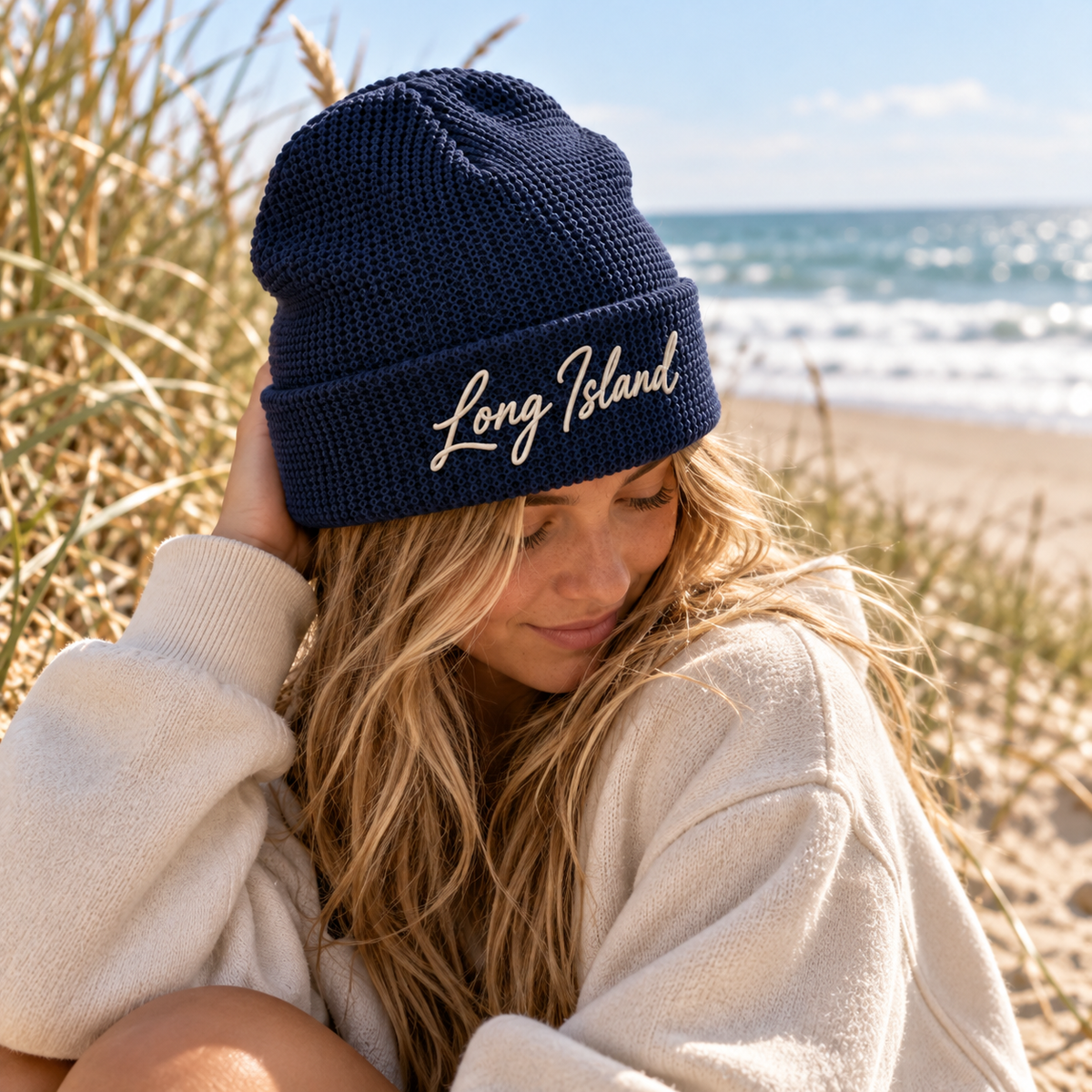 Long Island Script Embroidered Waffle Beanie | Salt + Shore