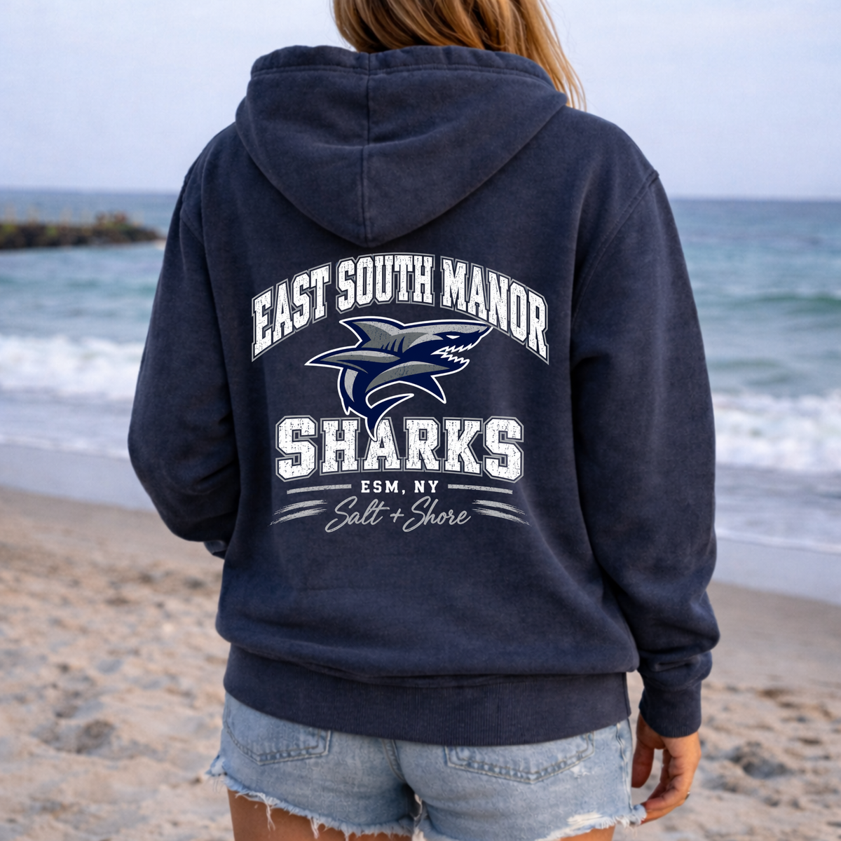 ESM: Shark Mark Full Zip Up Hoodie – Premium Garment-Dyed – Washed Navy | ESM Sharks |Salt + Shore