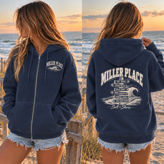 Miller Place Wayfinder Full Zip Up Hoodie – Premium Garment-Dyed – Navy | Miller Place | Salt + Shore