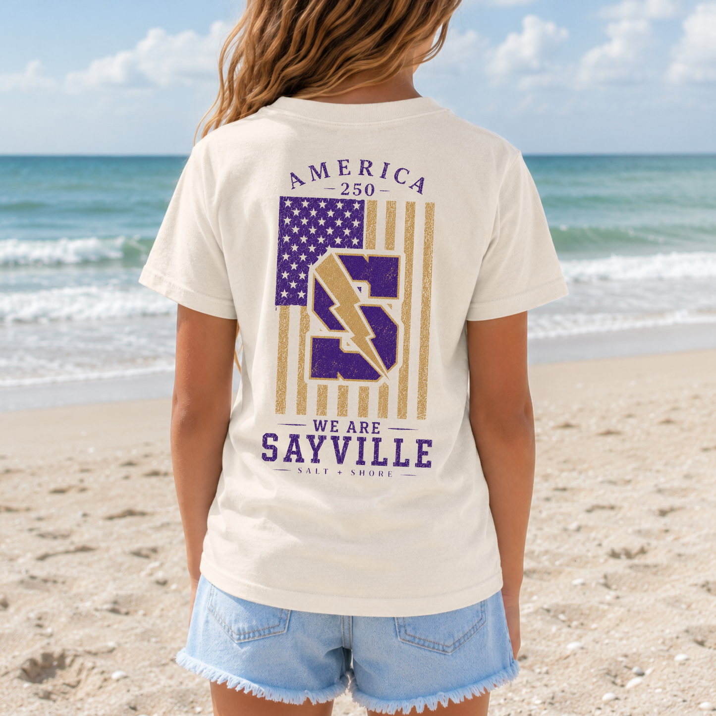 America 250: We Are Sayville – YOUTH – Classic Cotton – Sand | Sayville Cheer | Salt + Shore