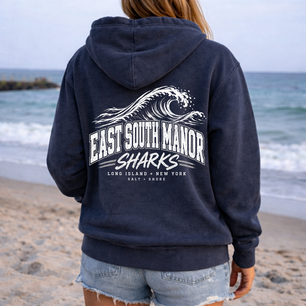 ESM Shark Break Full Zip Up Hoodie – Premium Garment-Dyed – Washed Navy | ESM Sharks |Salt + Shore