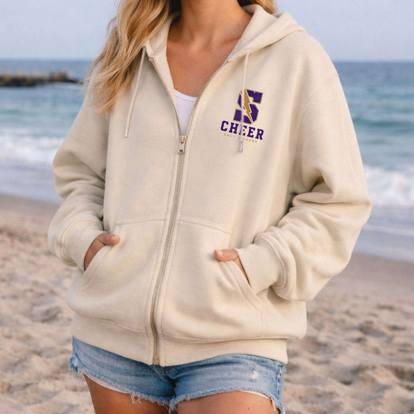Sayville Cheer Varsity Zip Up Hoodie – Premium Garment-Dyed – Bone | Sayville Cheer | Salt + Shore