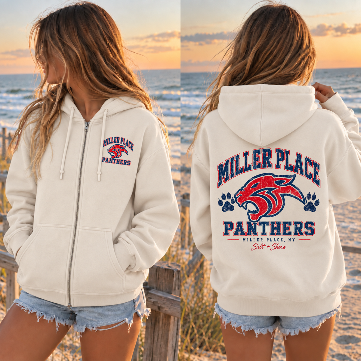 Miller Place Panthers Full Zip Up Hoodie – Premium Garment-Dyed – Bone | Miller Place | Salt + Shore