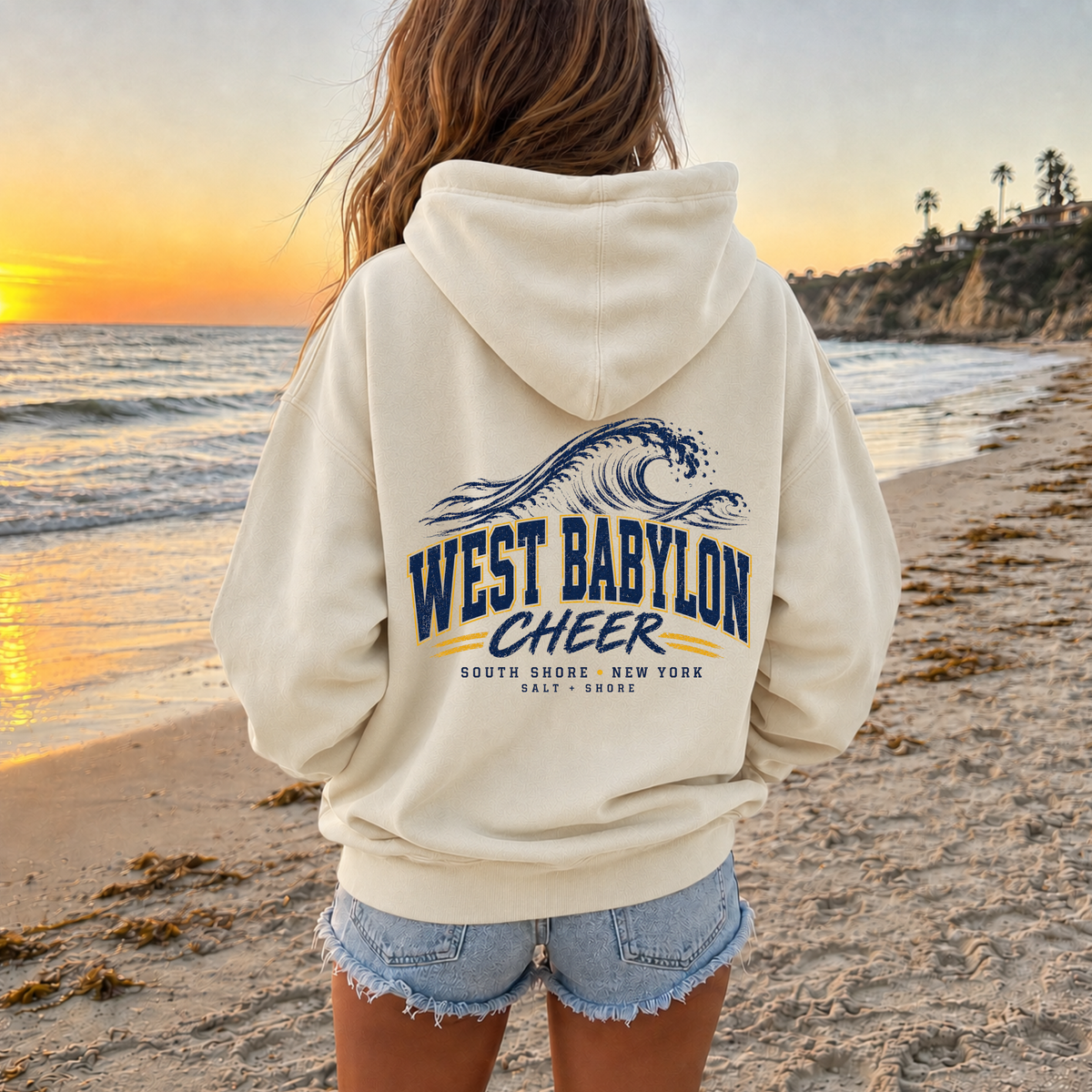West Babylon Coastal Cheer Full Zip Up Hoodie – Premium Garment-Dyed – Bone | West Babylon Cheer |Salt + Shore