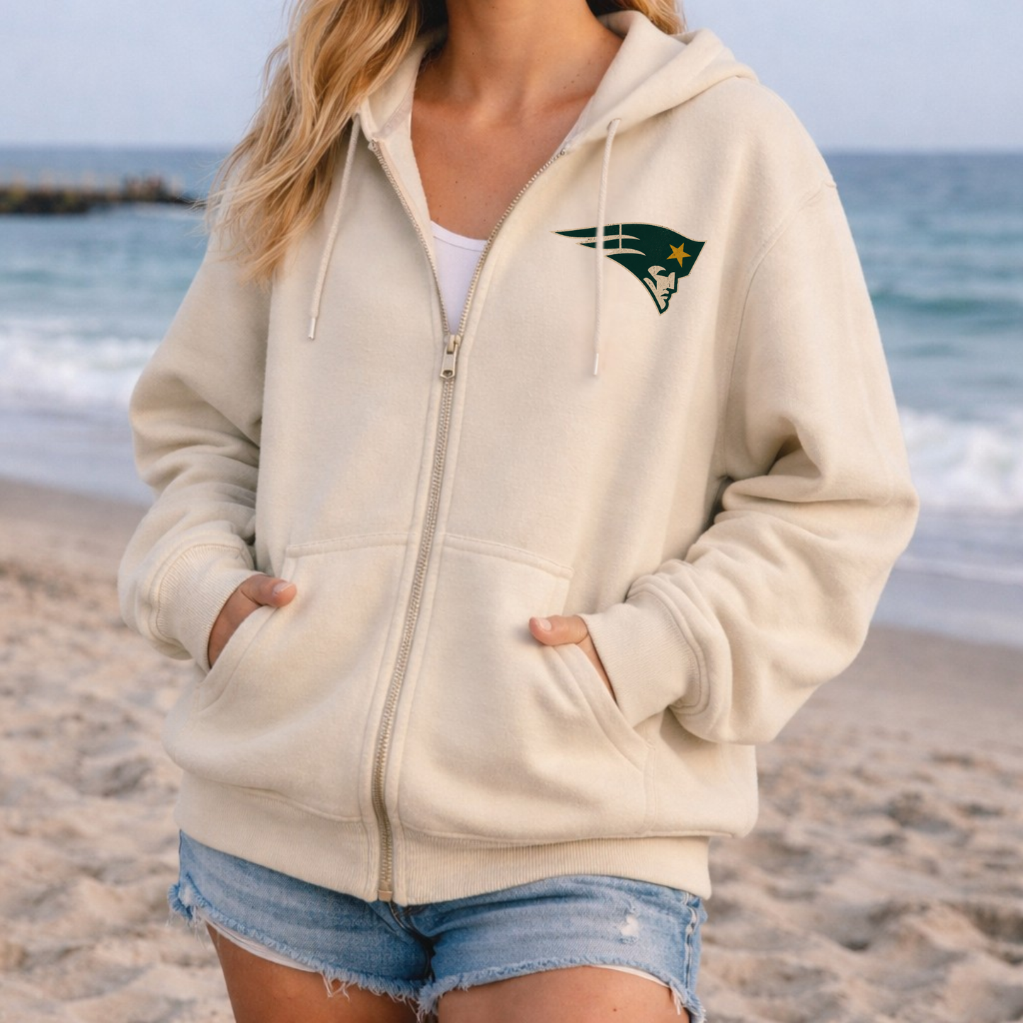 America 250: We Are Ward Melville Full Zip Up Hoodie – Premium Garment-Dyed – Bone | Ward Melville Cheer |Salt + Shore