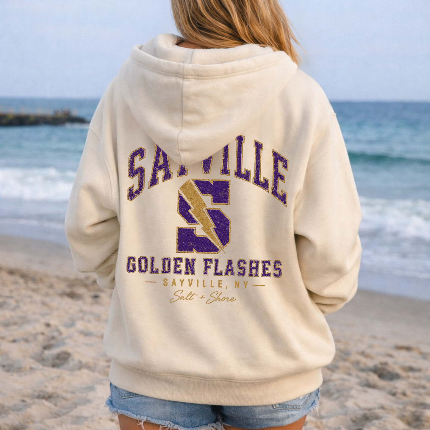 Sayville Varsity Zip Up Hoodie – Premium Garment-Dyed – Bone | Sayville Cheer | Salt + Shore