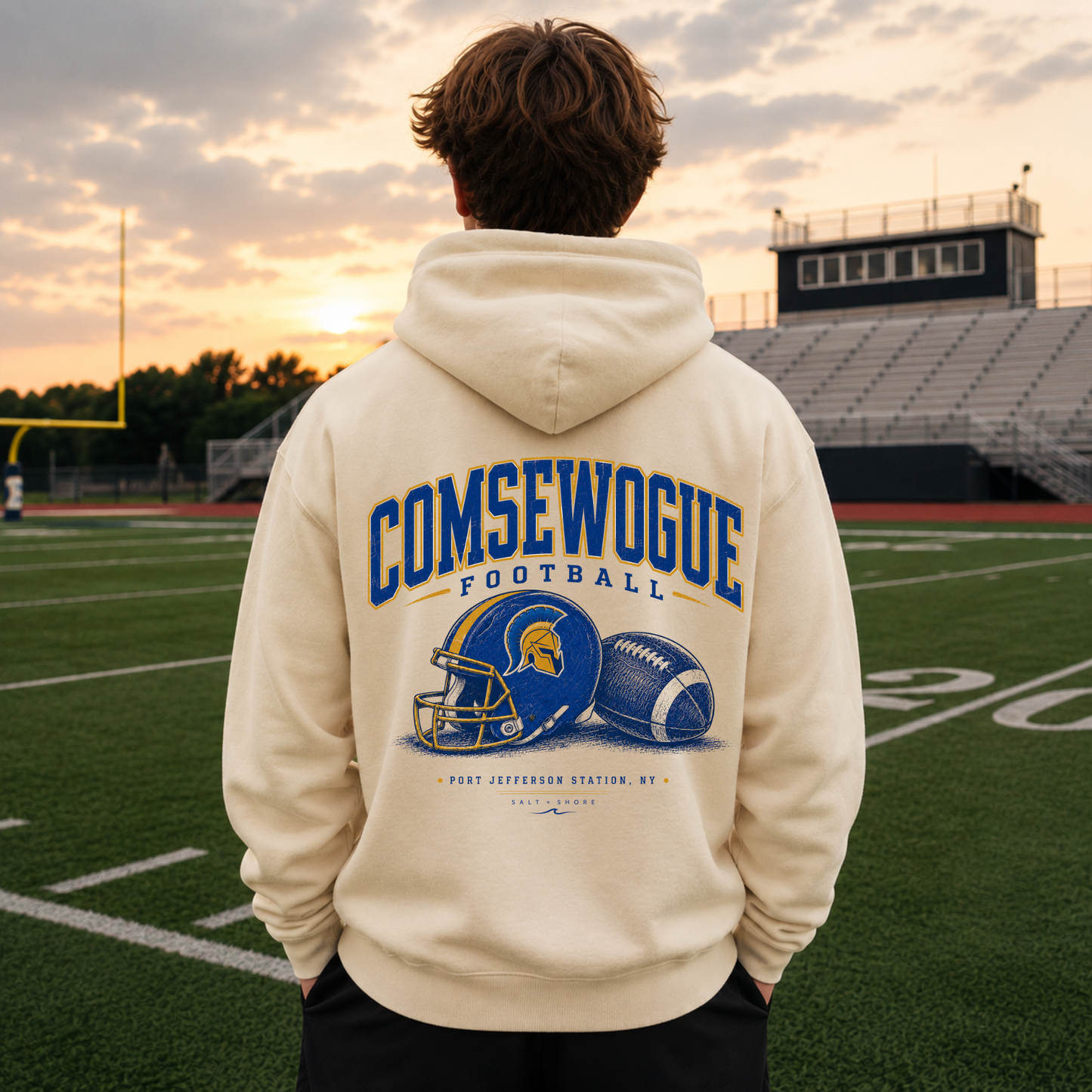 Friday Night Spartans Full Zip Up Hoodie – Premium Garment-Dyed – Bone | Comsewogue Football | Salt + Shore