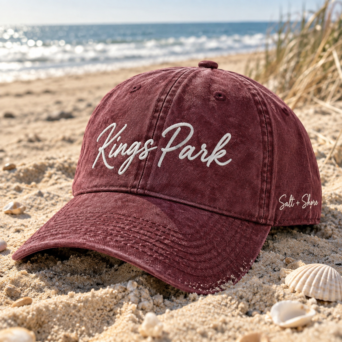 Kings Park Embroidered Maroon Denim Dad Hat | Kings Park | Salt + Shore