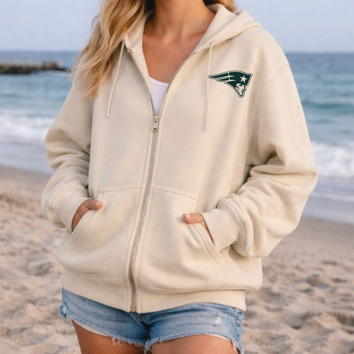 Patriot Nation Tide Full Zip Up Hoodie – Premium Garment-Dyed – Bone | Three Village | Salt + Shore