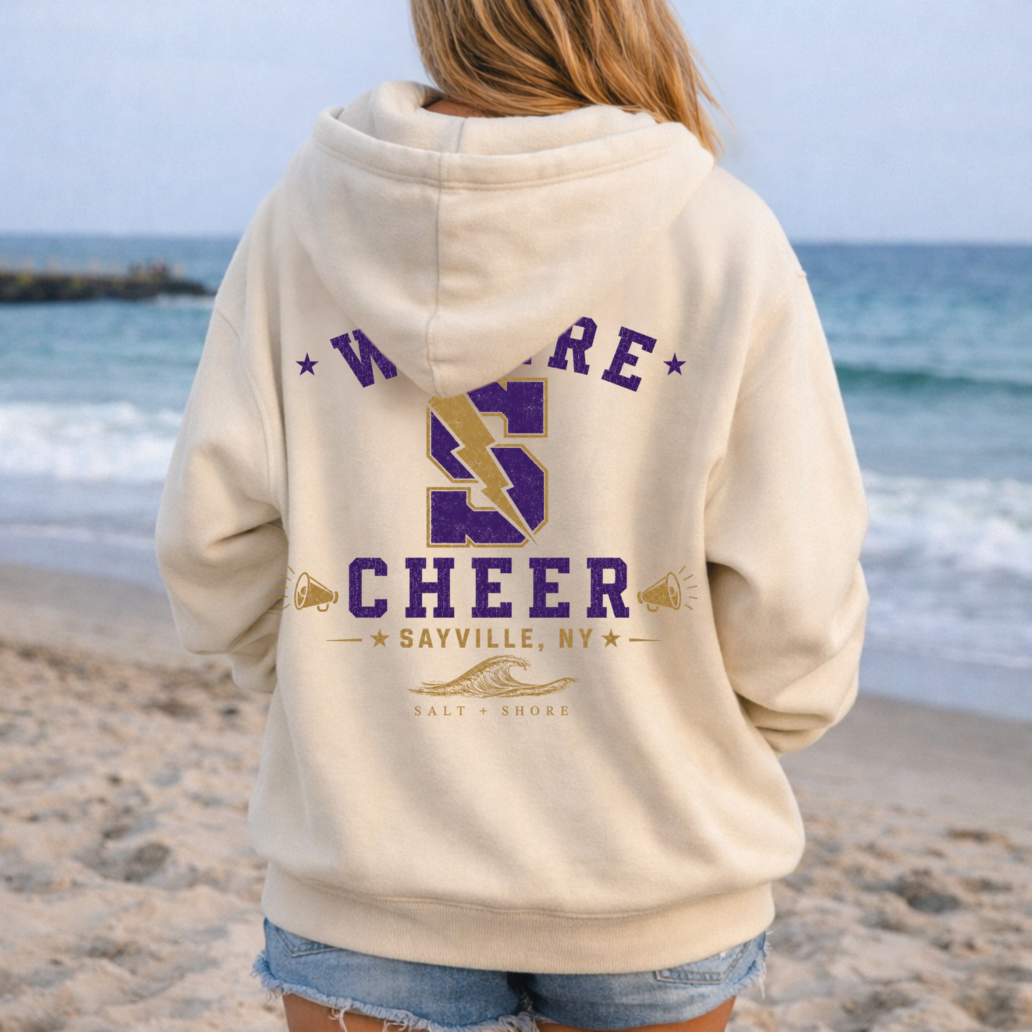 Sayville Cheer Varsity Zip Up Hoodie – Premium Garment-Dyed – Bone | Sayville Cheer | Salt + Shore