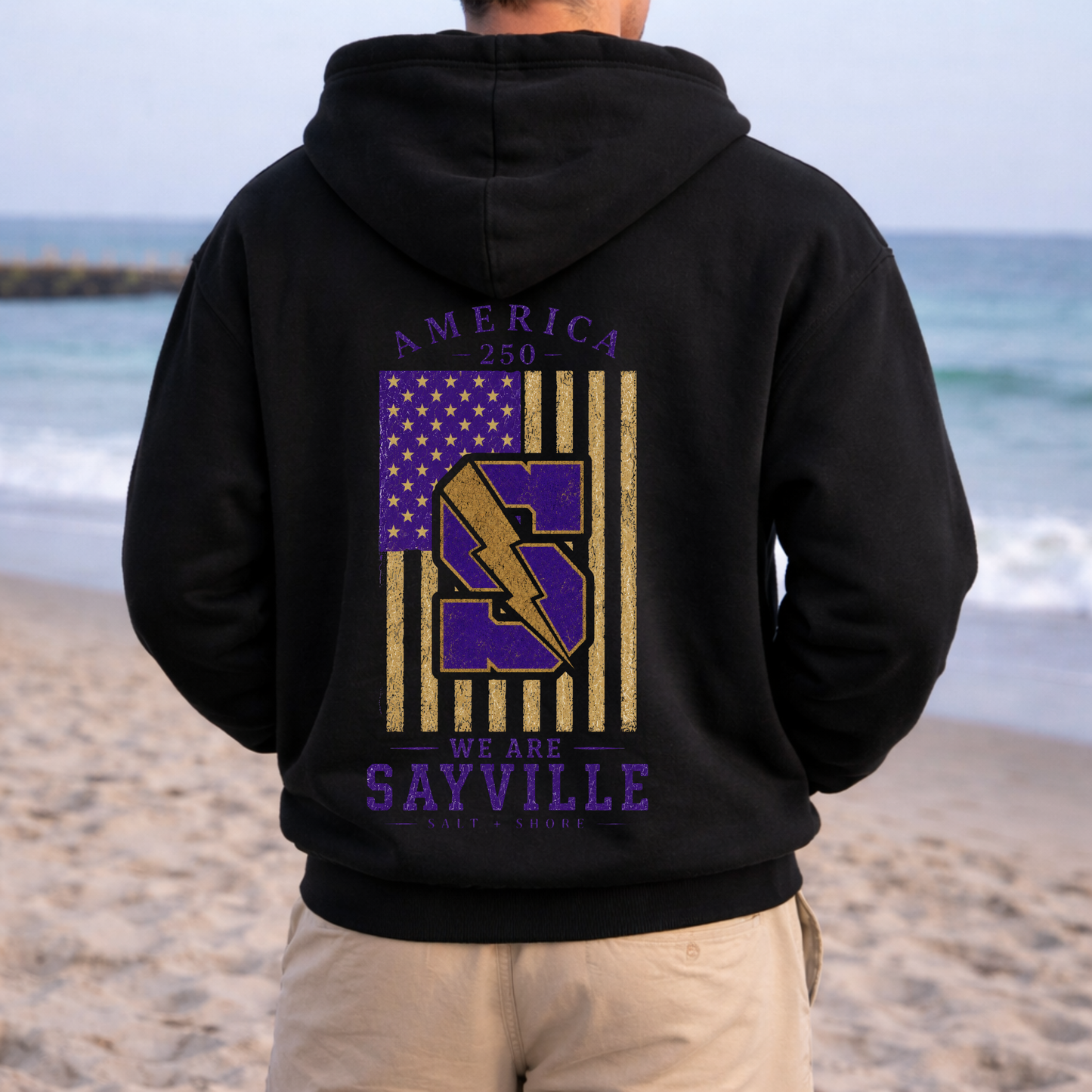 America 250: We Are Sayville Zip Up Hoodie – Premium Garment-Dyed – Black | Sayville Cheer | Salt + Shore (Copy)
