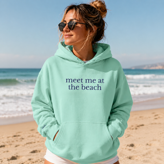 Embroidered Meet Me at the Beach Hoodie – Premium Garment-Dyed – Coastal Mint | Salt + Shore