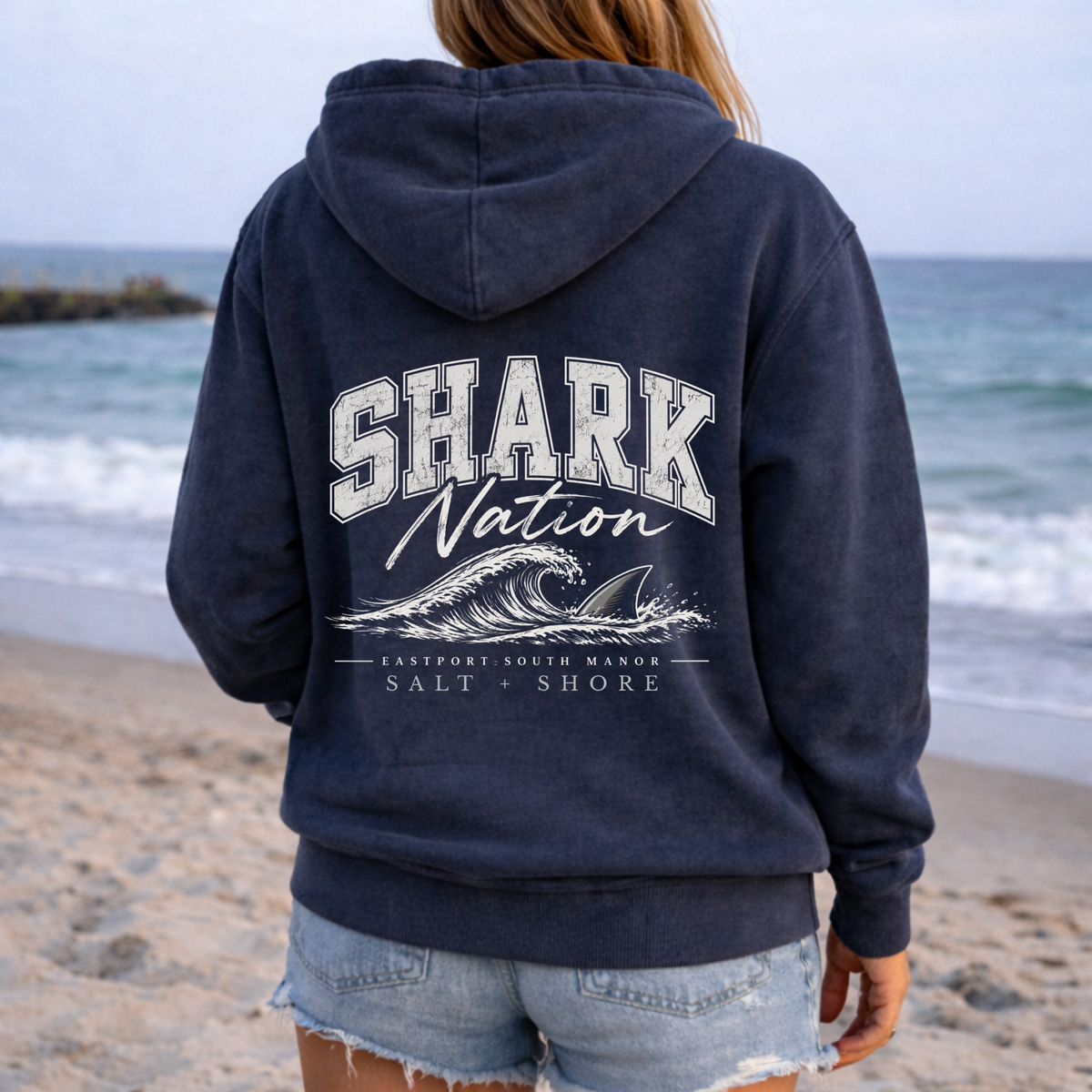 ESM Shark Nation Full Zip Up Hoodie – Premium Garment-Dyed – Washed Navy | ESM Sharks |Salt + Shore