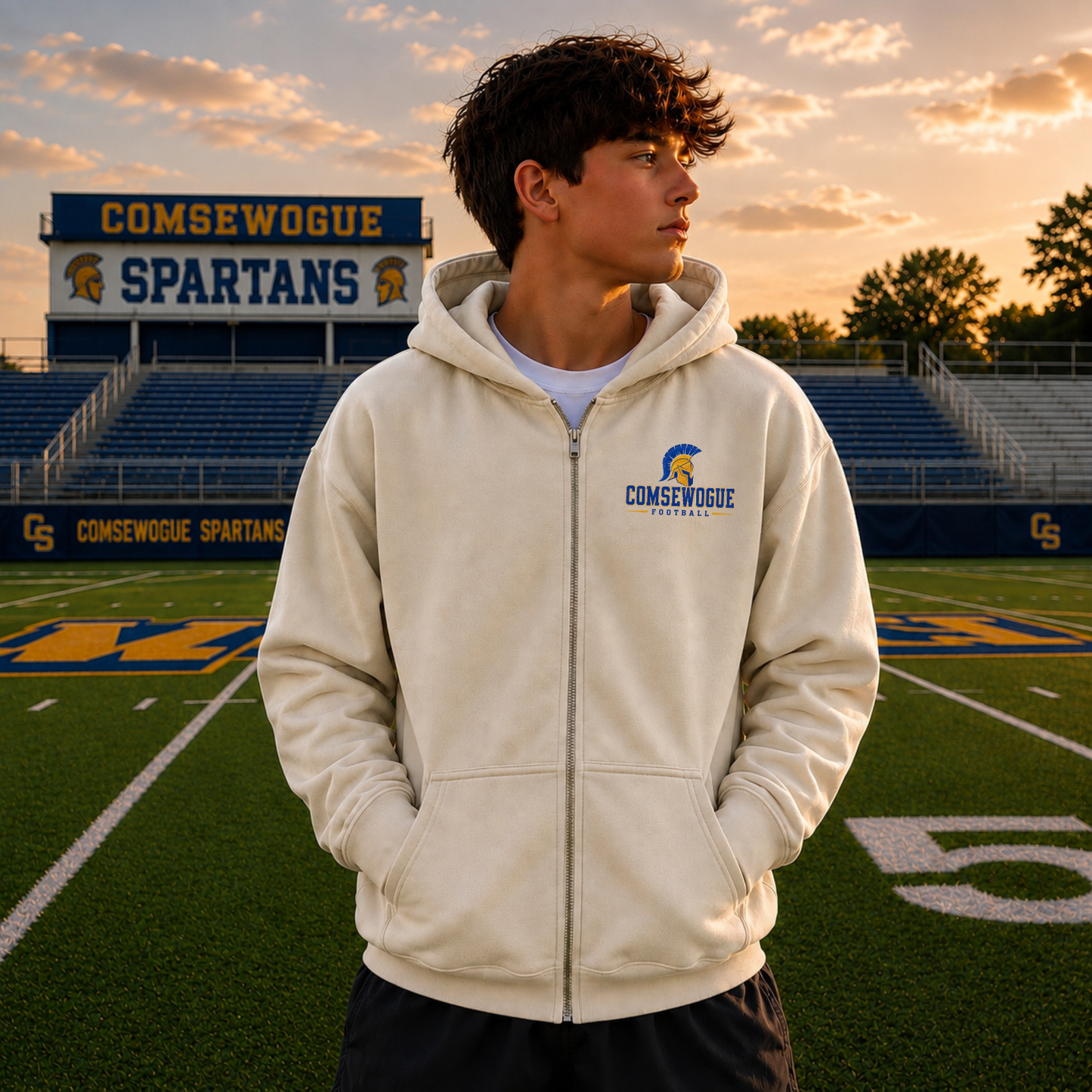 Friday Night Spartans Full Zip Up Hoodie – Premium Garment-Dyed – Bone | Comsewogue Football | Salt + Shore
