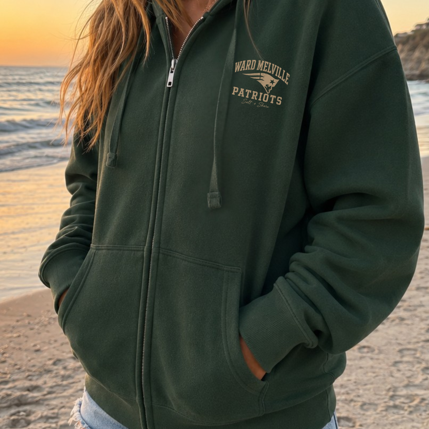 Ward Melville Varsity Full Zip Up Hoodie – Premium Garment-Dyed – Coastal Pine | Ward Melville Cheer |Salt + Shore