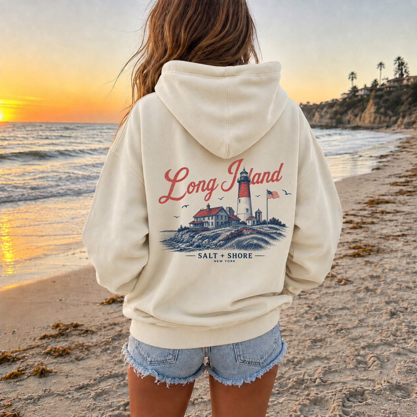 Beacon of Long Island Full Zip Up Hoodie – Premium Garment-Dyed – Bone | Salt + Shore