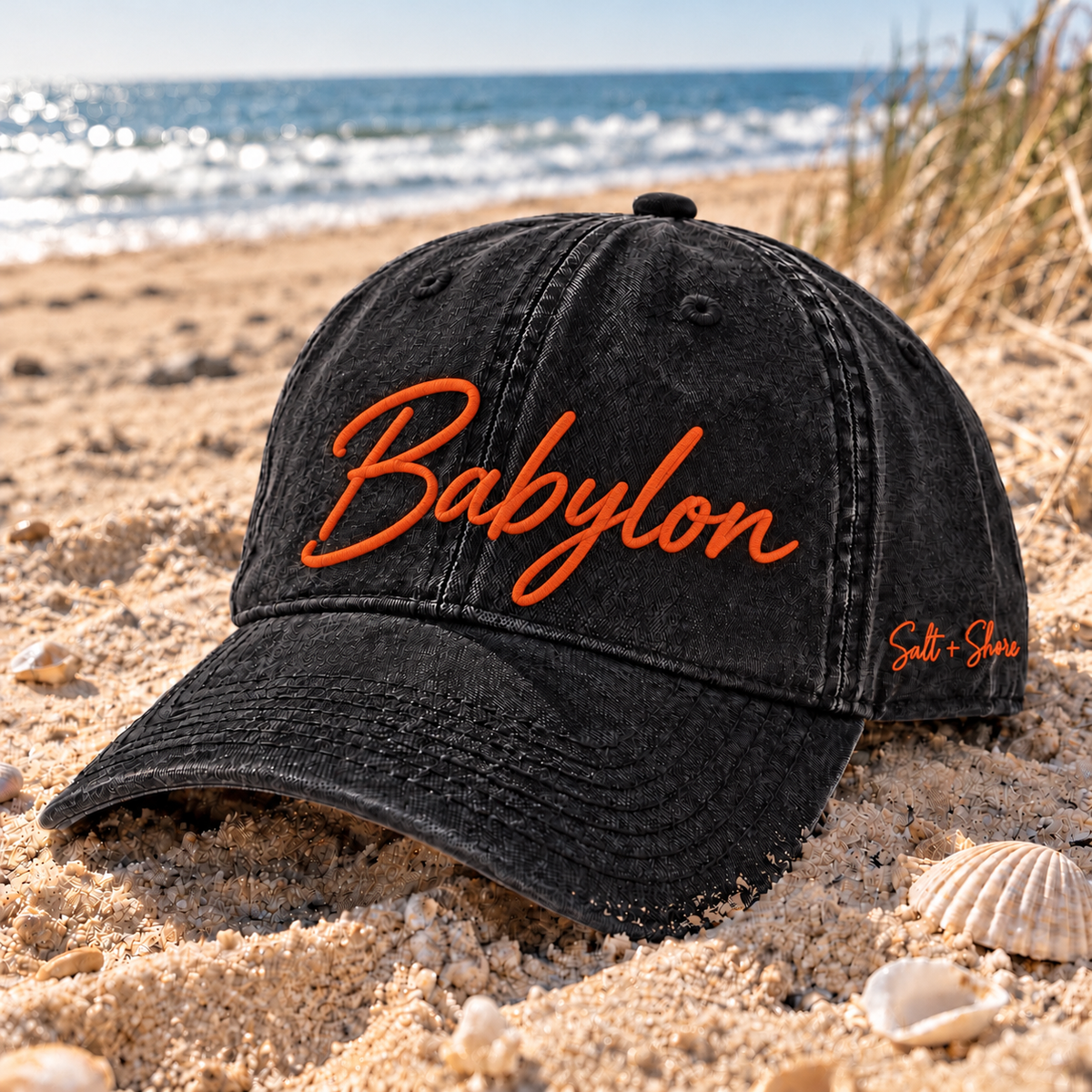 Babylon Embroidered Black Denim Dad Hat - Orange | Babylon | Salt + Shore