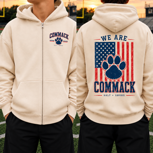 America 250: We Are Commack Full Zip Up Hoodie – Premium Garment-Dyed – Bone | Babylon | Salt + Shore
