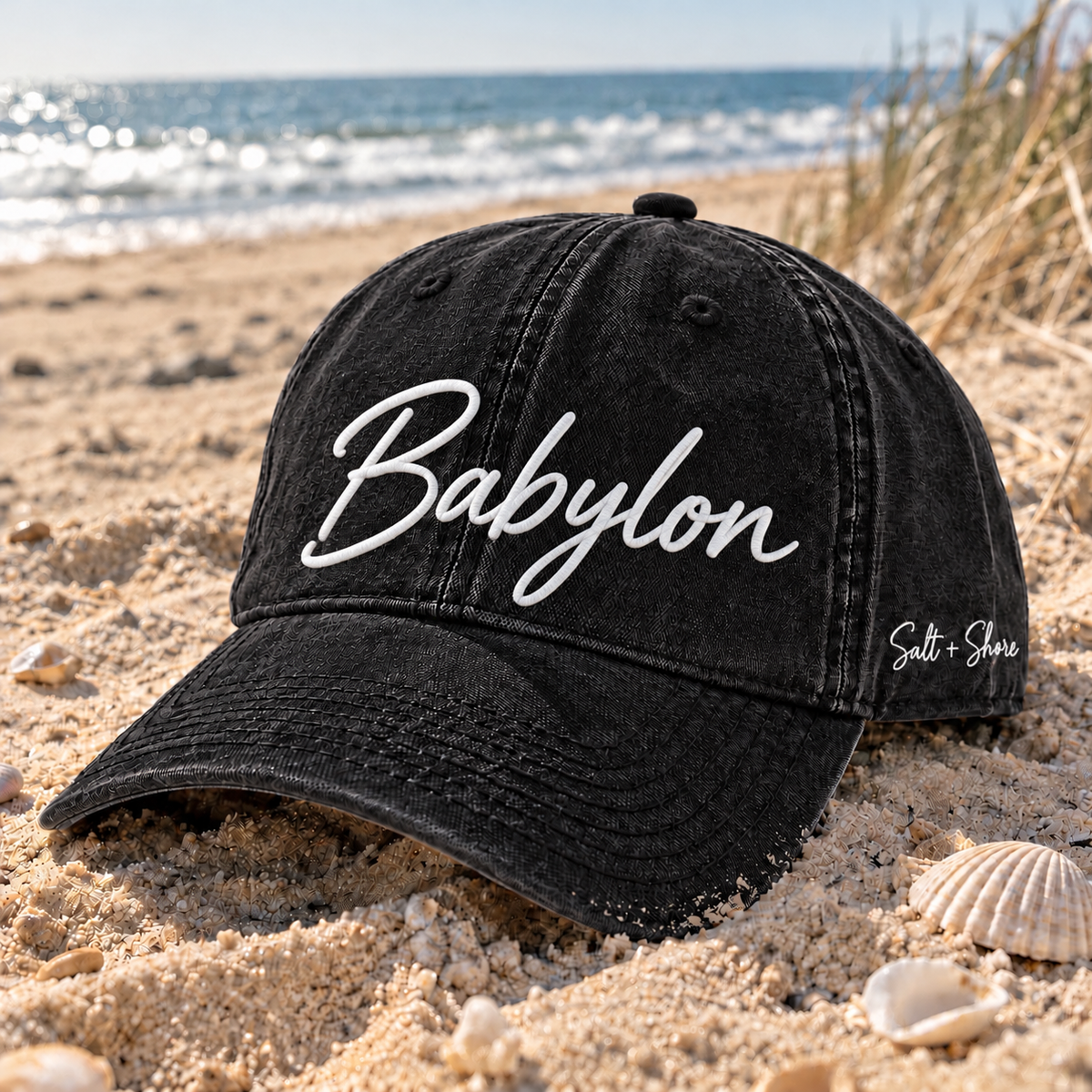 Babylon Embroidered Black Denim Dad Hat - White | Babylon | Salt + Shore
