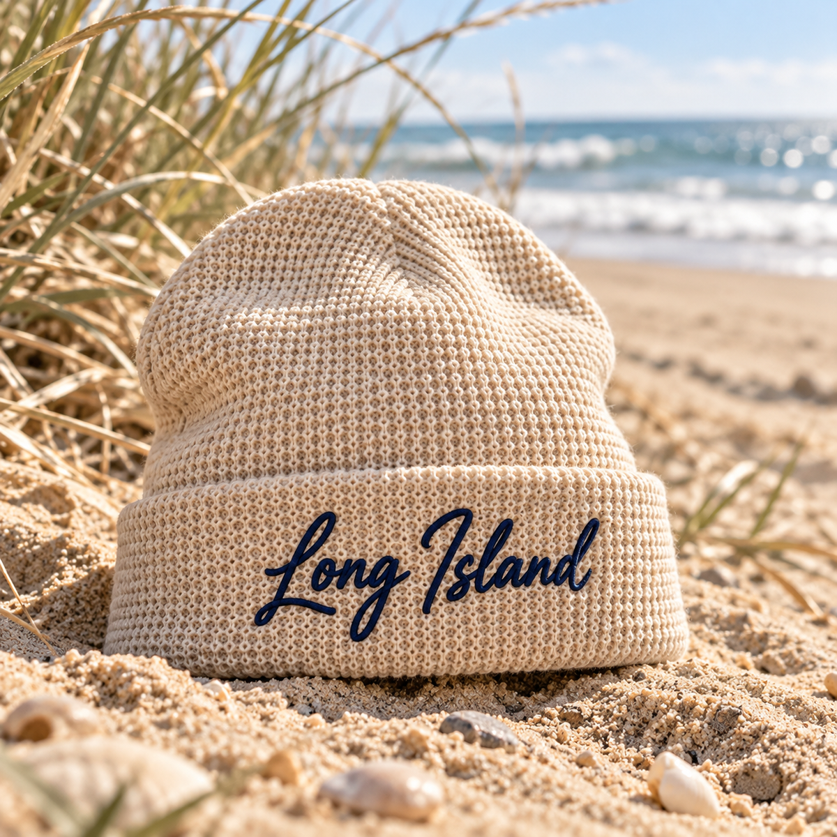 Long Island Script Embroidered Waffle Beanie | Salt + Shore