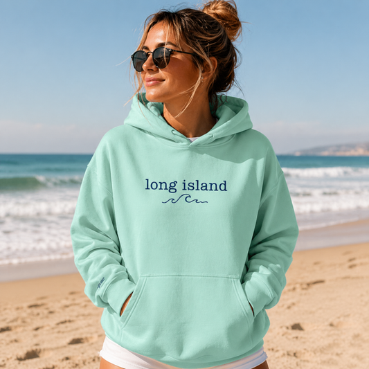 Embroidered Long Island Wave Hoodie – Premium Garment-Dyed – Coastal Mint | Salt + Shore