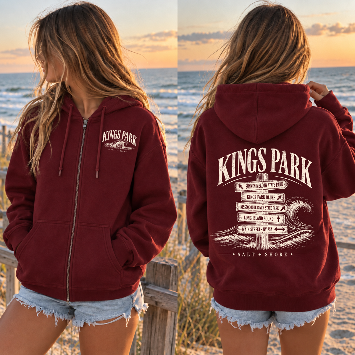 Kings Park Wayfinder Full Zip Up Hoodie – Premium Garment-Dyed – Harbor Maroon | Kings Park |Salt + Shore