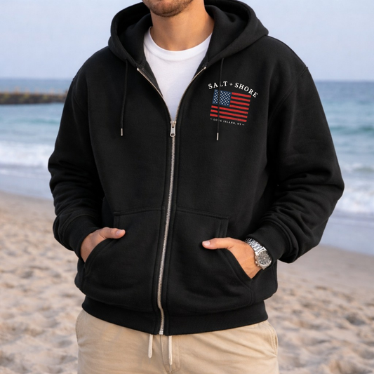 Long Island USA Zip Up Hoodie – Premium Garment-Dyed – Washed Black | Salt + Shore
