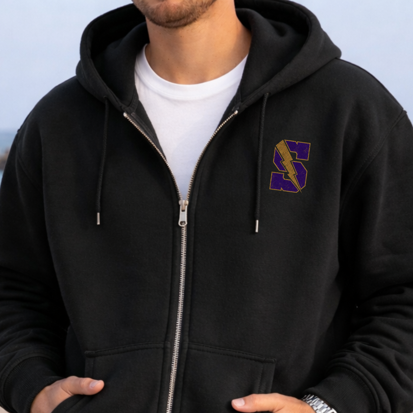 America 250: We Are Sayville Zip Up Hoodie – Premium Garment-Dyed – Black | Sayville Cheer | Salt + Shore (Copy)
