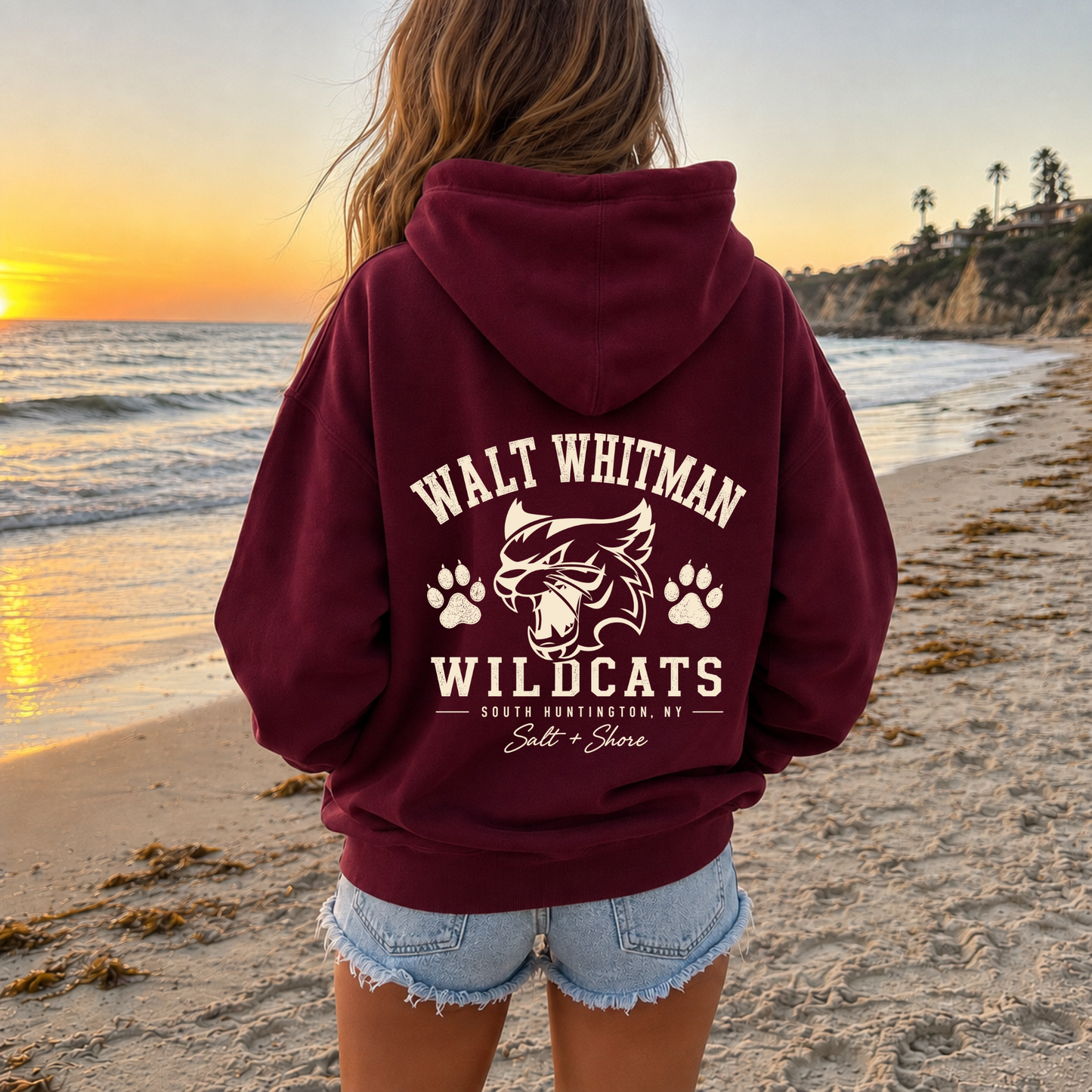 Walt Whitman Wildcats Varsity Full Zip Up Hoodie – Premium Garment-Dyed – Harbor Maroon | Walt Whitman Football |Salt + Shore