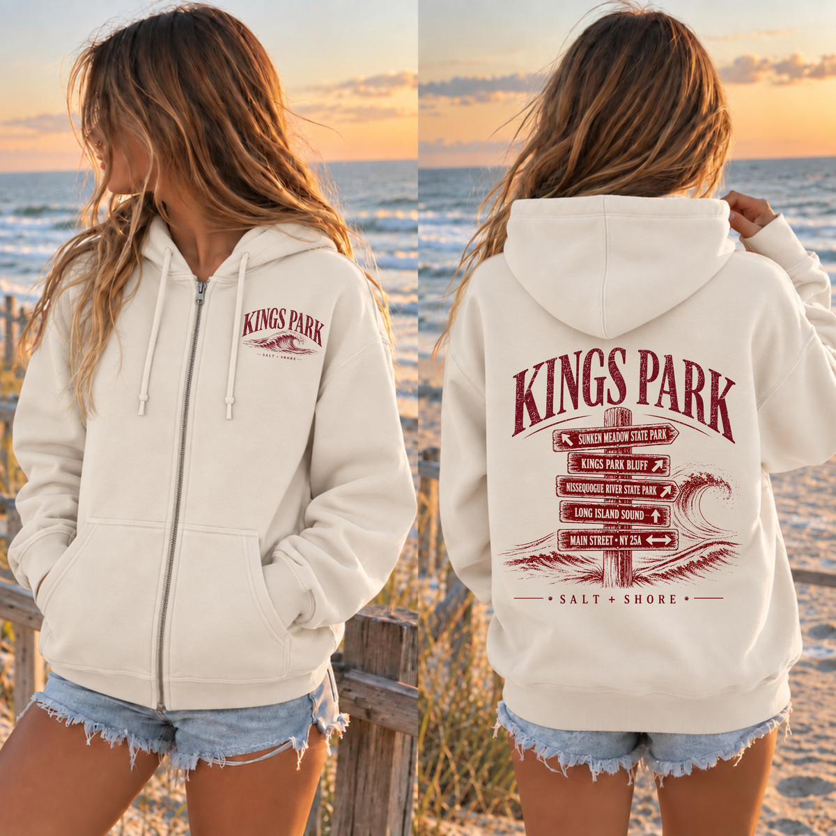 Kings Park Wayfinder Full Zip Up Hoodie – Premium Garment-Dyed – Bone | Kings Park | Salt + Shore