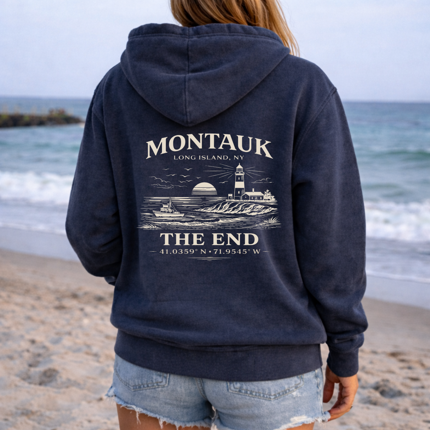MONTAUK: THE END Full Zip Up Hoodie – Premium Garment-Dyed – Washed Navy | Salt + Shore