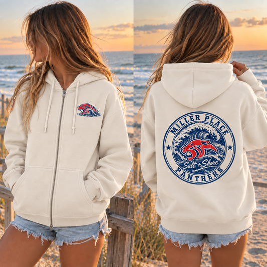 Miller Place Panthers Tide Full Zip Up Hoodie – Premium Garment-Dyed – Bone | Miller Place | Salt + Shore