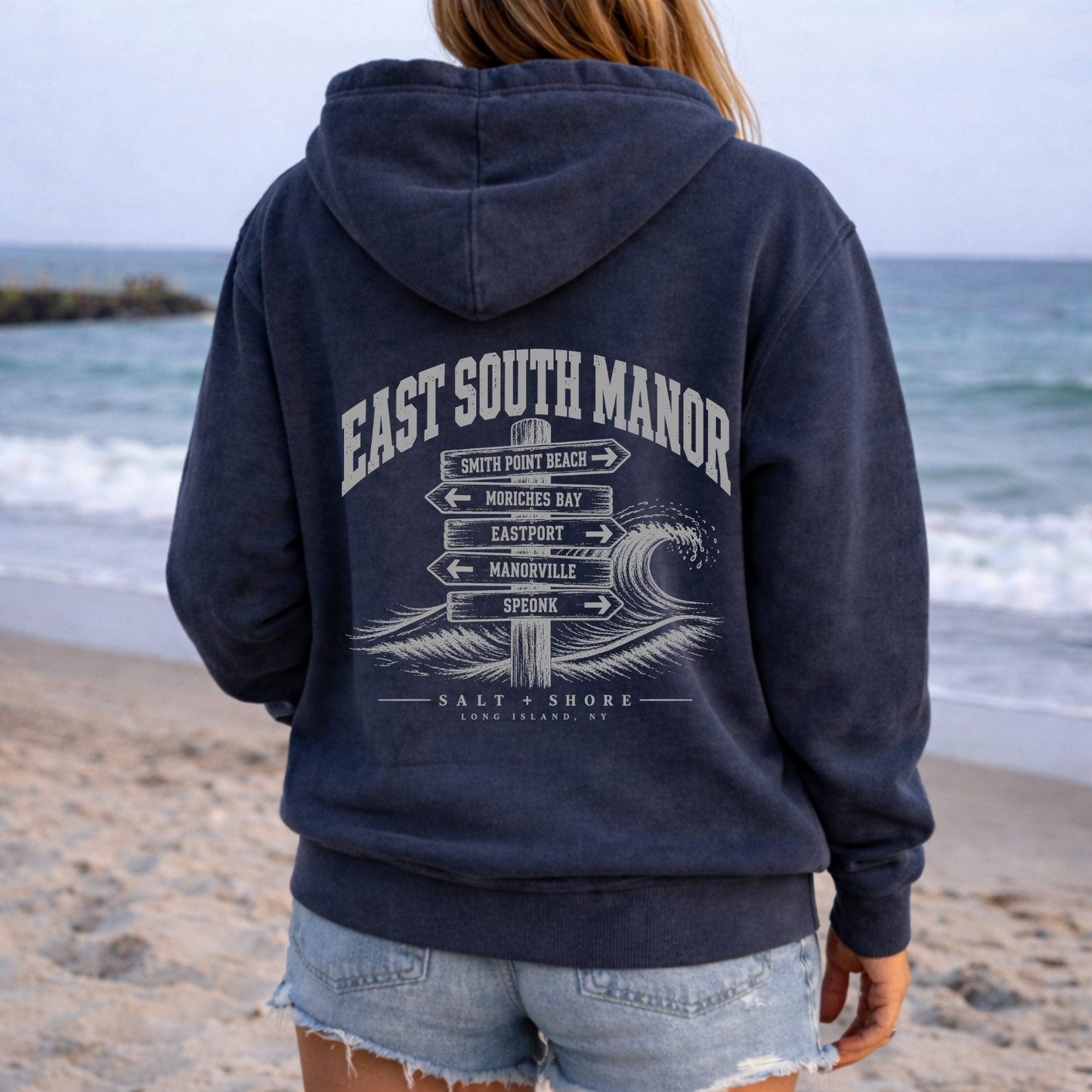 ESM Wayfinder Full Zip Up Hoodie – Premium Garment-Dyed – Washed Navy | ESM Sharks |Salt + Shore