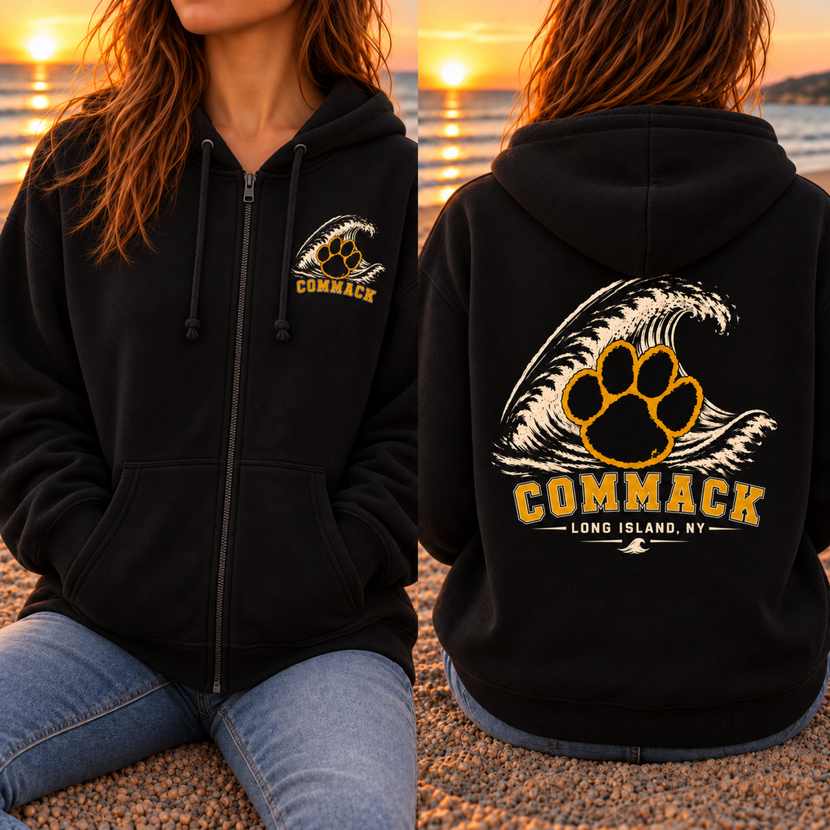 Commack Coastal Paw Full Zip Up Hoodie – Premium Garment-Dyed – Black | Babylon | Salt + Shore