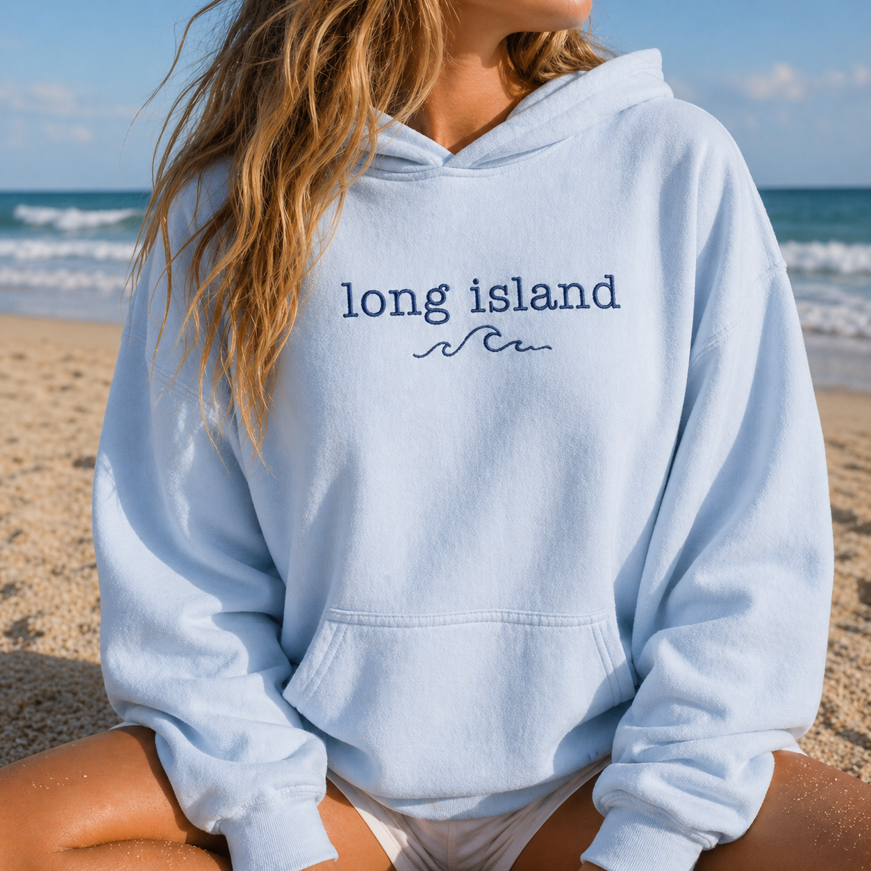 Embroidered Long Island Wave – Premium Garment-Dyed – Coastal Sky | Salt + Shore