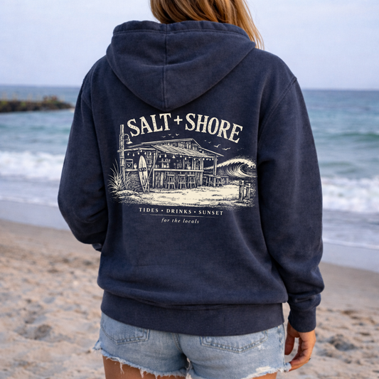 Locals Shack Full Zip Up Hoodie – Premium Garment-Dyed – Washed Navy | Salt + Shore