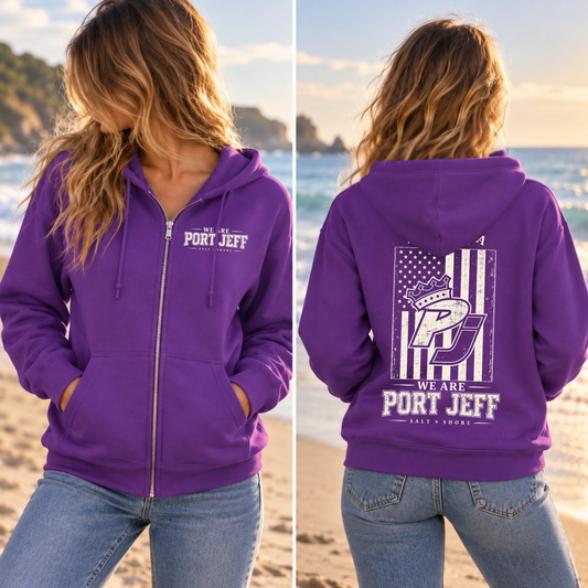 America 250: We are Port Jeff Full Zip Up Hoodie – Classic Cotton - Royal Tide | Port Jeff | Salt + Shore