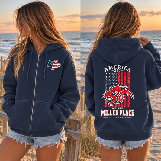 America 250: We Are Miller Place Full Zip Up Hoodie – Premium Garment-Dyed – Navy | Miller Place | Salt + Shore