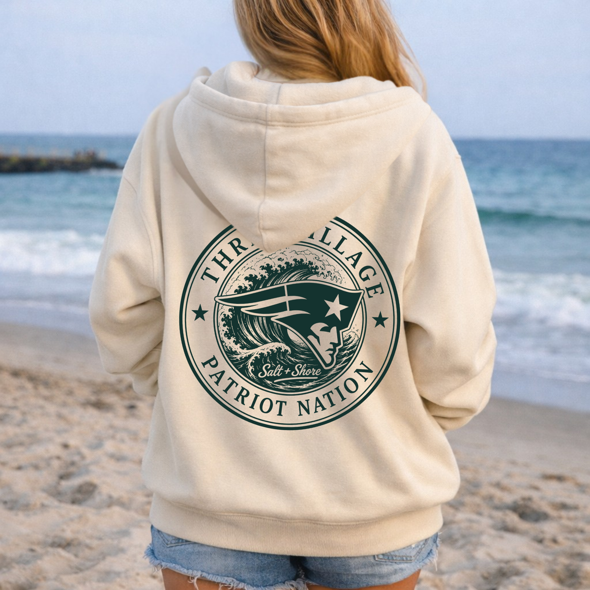 Patriot Nation Tide Full Zip Up Hoodie – Premium Garment-Dyed – Bone | Three Village | Salt + Shore