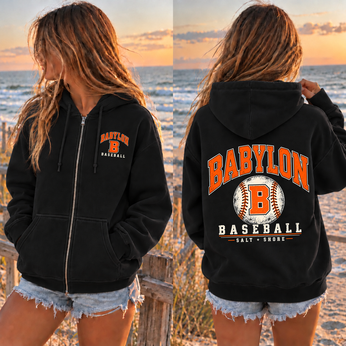 Babylon Baseball Varsity Full Zip Up Hoodie – Premium Garment-Dyed – Black | Babylon | Salt + Shore