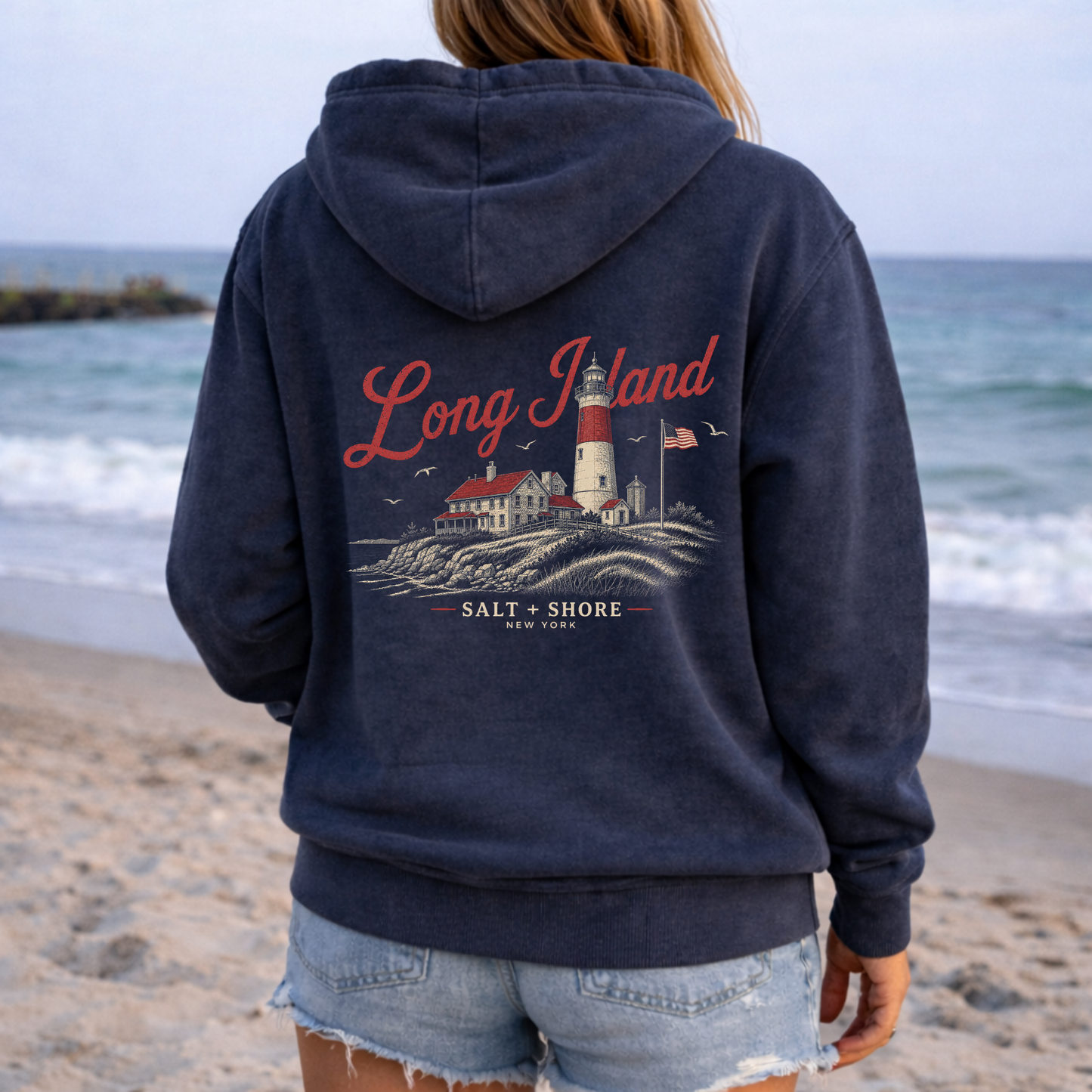 Beacon of Long Island Full Zip Up Hoodie – Premium Garment-Dyed – Washed Navy | Salt + Shore