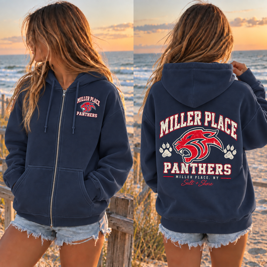 Miller Place Panthers Full Zip Up Hoodie – Premium Garment-Dyed – Navy | Miller Place | Salt + Shore