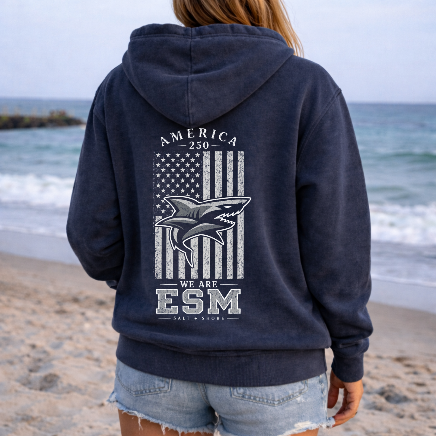America 250: We Are ESM Full Zip Up Hoodie – Premium Garment-Dyed – Washed Navy | ESM Sharks |Salt + Shore