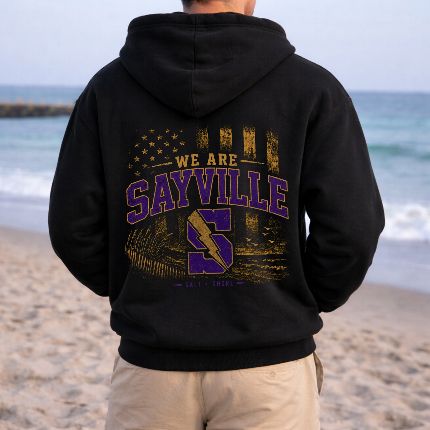 We Are Sayville Zip Up Hoodie – Premium Garment-Dyed – Black | Sayville Cheer | Salt + Shore