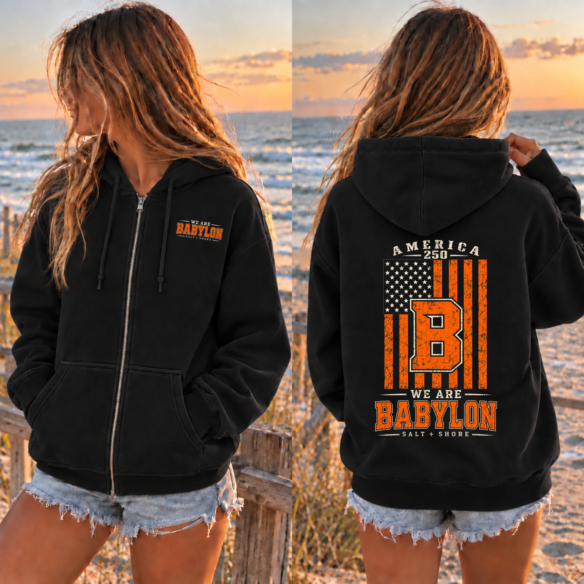 America 250: We Are Babylon Full Zip Up Hoodie – Premium Garment-Dyed – Black | Babylon | Salt + Shore