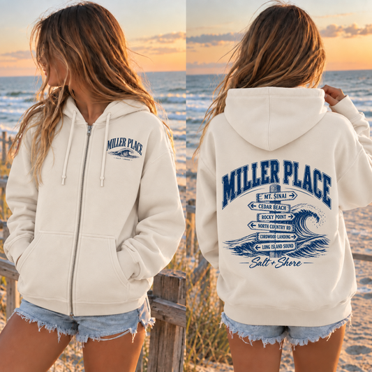 Miller Place Wayfinder Full Zip Up Hoodie – Premium Garment-Dyed – Bone | Miller Place | Salt + Shore