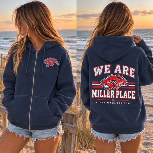 We Are Miller Place Full Zip Up Hoodie – Premium Garment-Dyed – Navy | Miller Place | Salt + Shore