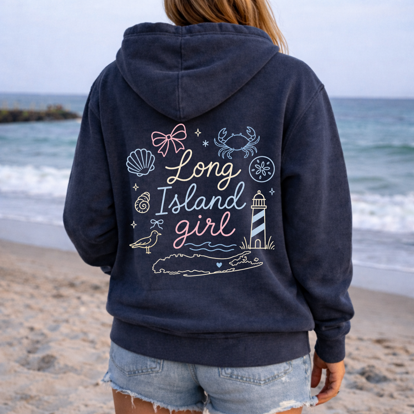 Long Island Girl Full Zip Up Hoodie – Premium Garment-Dyed – Washed Navy | Salt + Shore