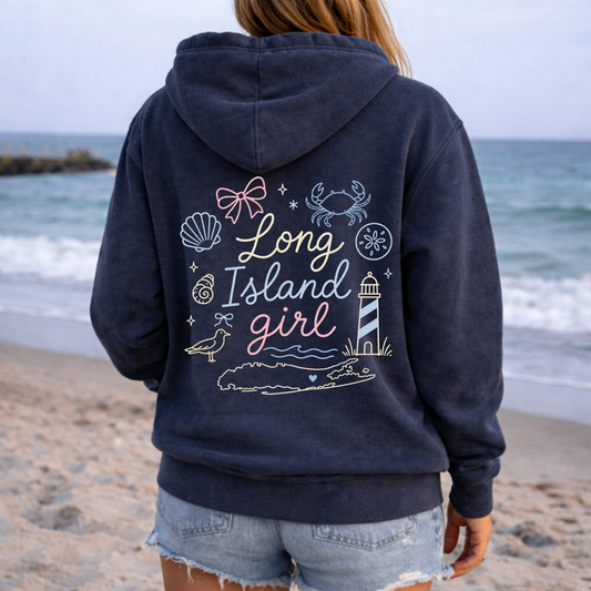 Long Island Girl Full Zip Up Hoodie – Premium Garment-Dyed – Washed Navy | Salt + Shore