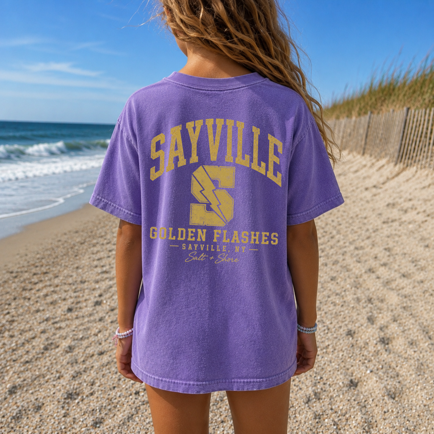 Sayville Varsity - YOUTH Tee – Premium Garment-Dyed – Purple Tide | Sayville Cheer | Salt + Shore